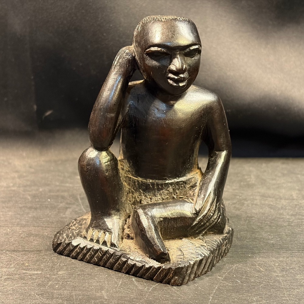 Vintage Hand Carved African Ebony Wood Seated Man Figurine Sculpture 4.5"
